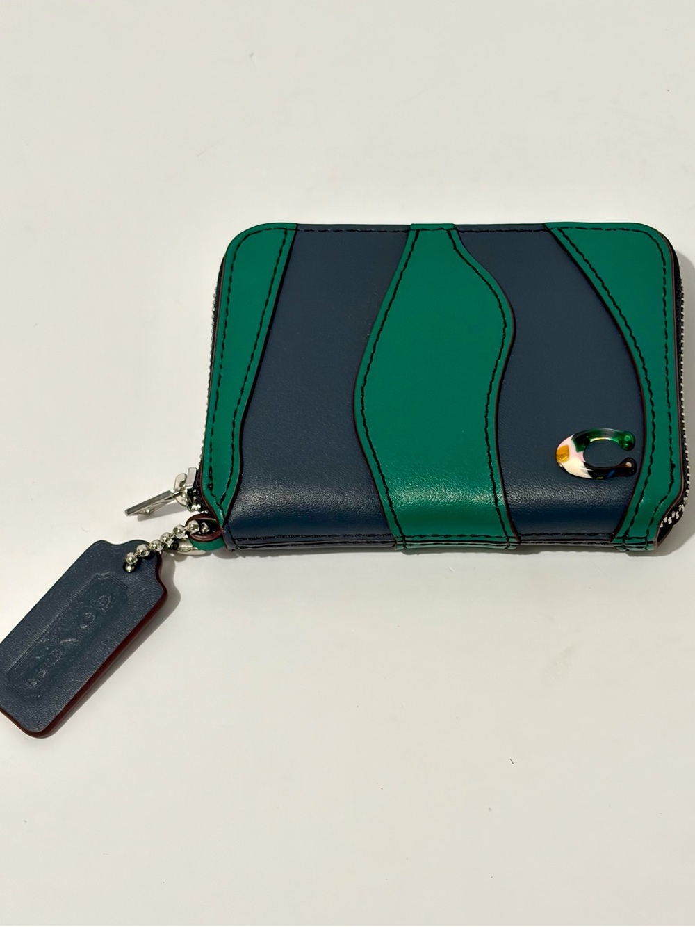 Coach Coachtopia Zip Around Wallet In Wavy Stripe Upcrafted Leather Navy/Green